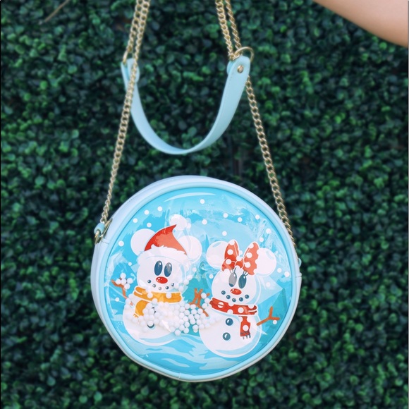 Loungefly Disney Snowman Mickey Minnie Snow Globe Crossbody Bag - Picture 1 of 5